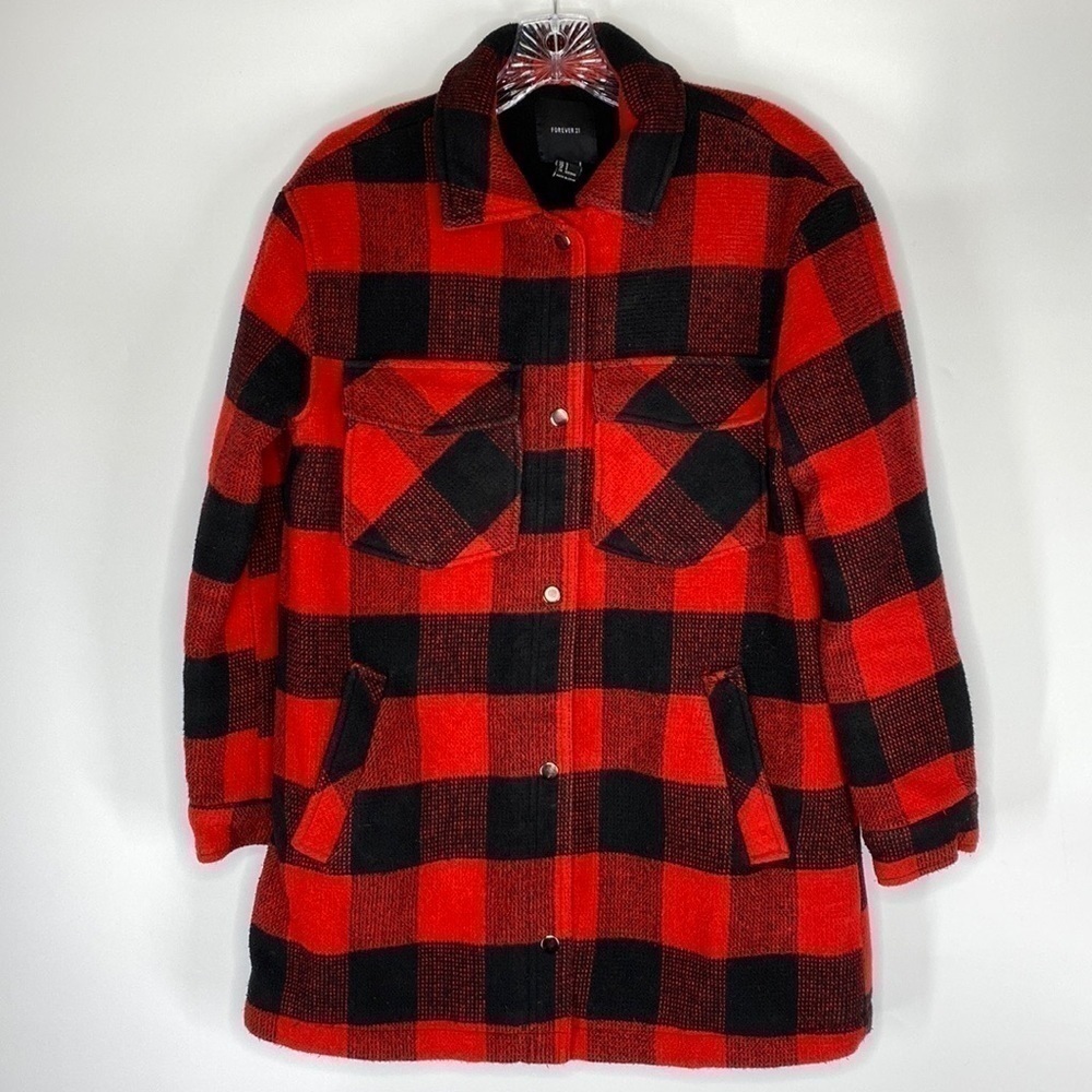 Forever 21 Red Buffalo Plaid Fleece Lined Button Up Jacket Size Small